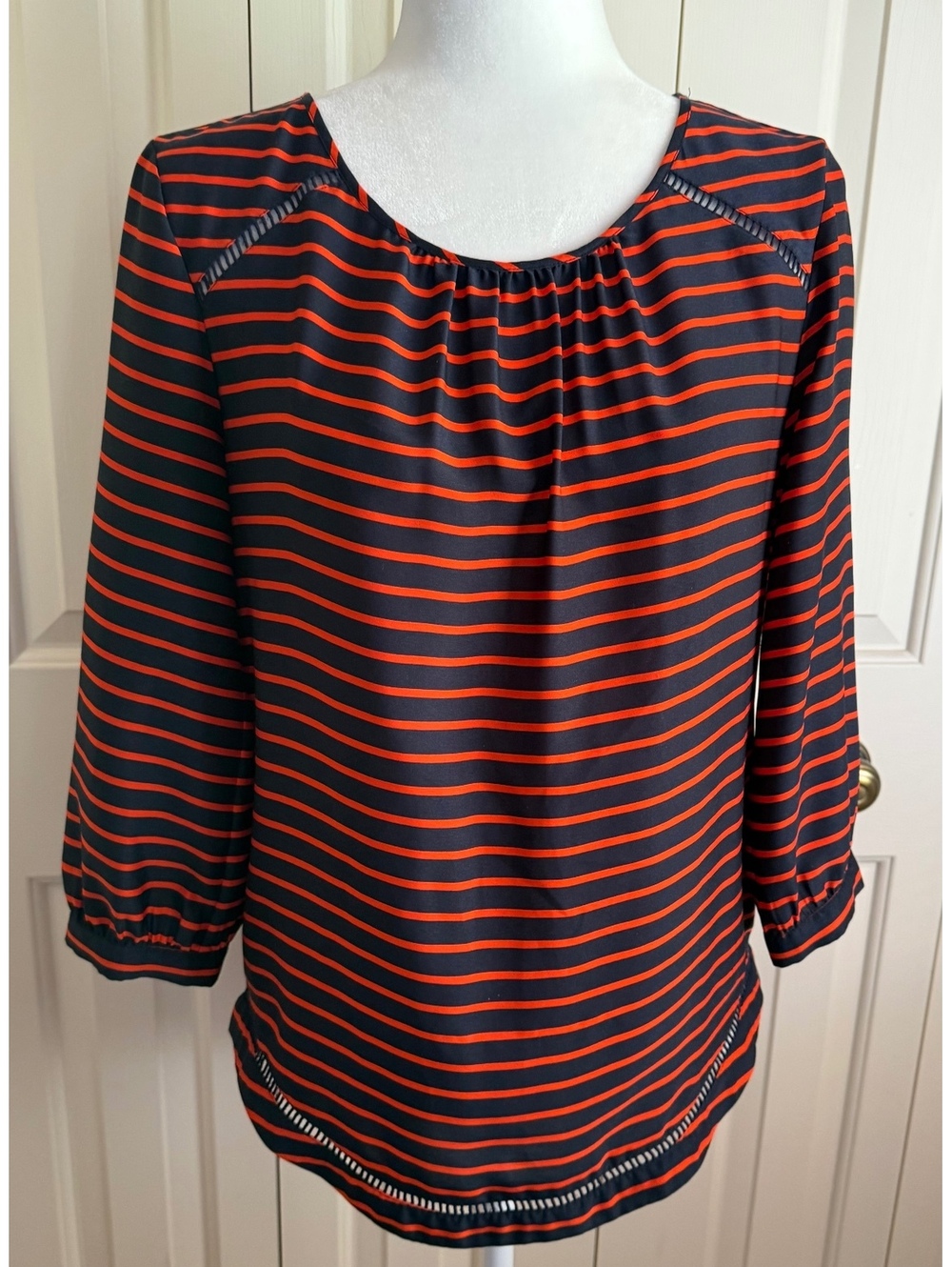 J.Crew XS Navy Red Striped Blouse 3/4 Sleeve Ladder Trim Top